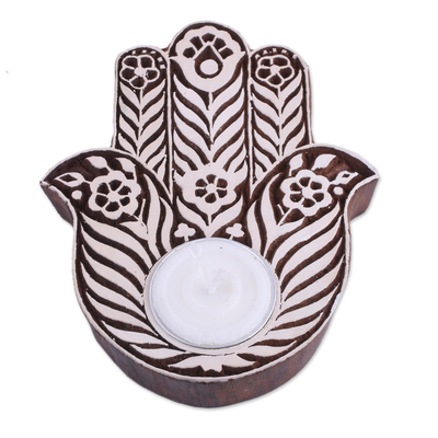 Wood tealight holder, 'Floral Hamsa' - Handcrafted Floral Wood Hamsa Tealight Holder from India