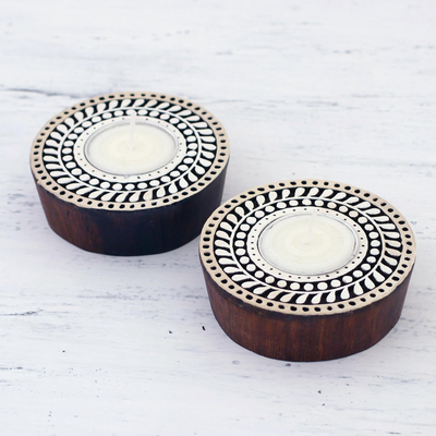 Wood tealight holders, 'Circular Flame' (pair) - Two Handcrafted Circular Wood Tealight Holders from India