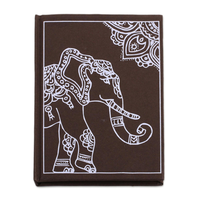 Diario de papel hecho a mano, 'Royal Gajraj' - Diario de papel hecho a mano con temática de elefantes en caoba