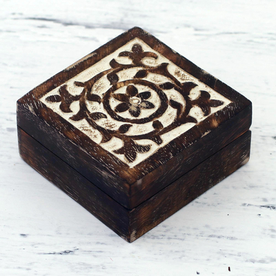 Wood decorative box, 'Floral Circle' - Handcrafted Square Mango Wood Decorative Box from India