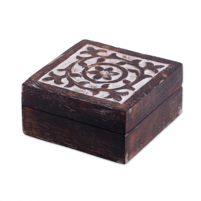 Wood decorative box, 'Floral Circle' - Handcrafted Square Mango Wood Decorative Box from India