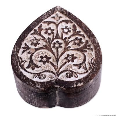 Caja decorativa de madera - Caja decorativa floral de madera de mango en forma de corazón de la India
