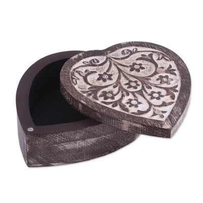 Wood decorative box, 'Flower-Filled Heart' - Floral Heart-Shaped Mango Wood Decorative Box from India