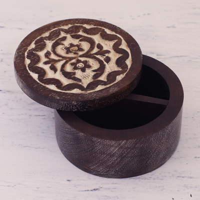Wood decorative box, 'Floral Keepsake' - Handcrafted Floral Circular Wood Decorative Box from India