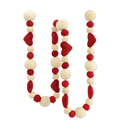 Wool felt garland, 'Hearts and Baubles' - Wool Felt Holiday Heart Garland in Red and Ivory
