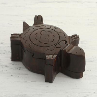 Wood puzzle box, 'Flower Turtle' - Hand-Carved Mango Wood Turtle Puzzle Box from India