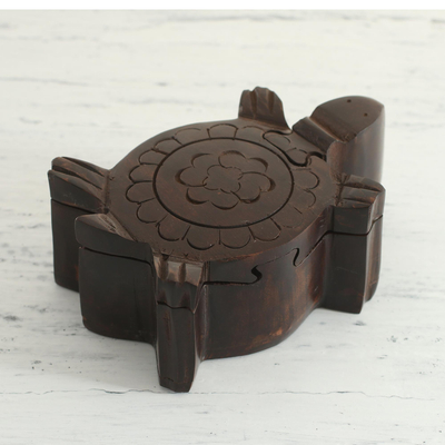 Wood puzzle box, 'Flower Turtle' - Hand-Carved Mango Wood Turtle Puzzle Box from India