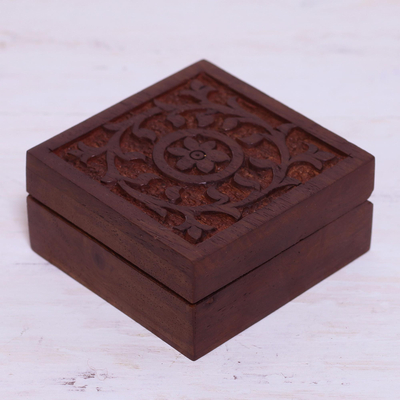 Caja decorativa de madera - Caja decorativa de madera floral tallada a mano de la India