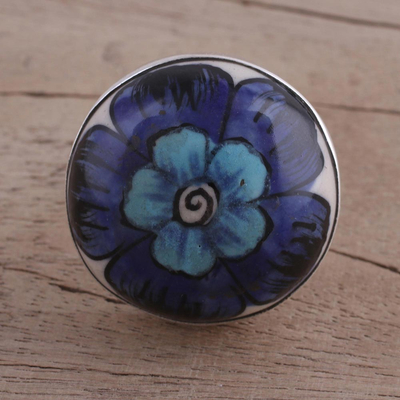 Ceramic cocktail ring, 'Glorious Bloom' - Blue Flower Sterling Silver and Ceramic Ring from India