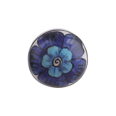 Ceramic cocktail ring, 'Glorious Bloom' - Blue Flower Sterling Silver and Ceramic Ring from India