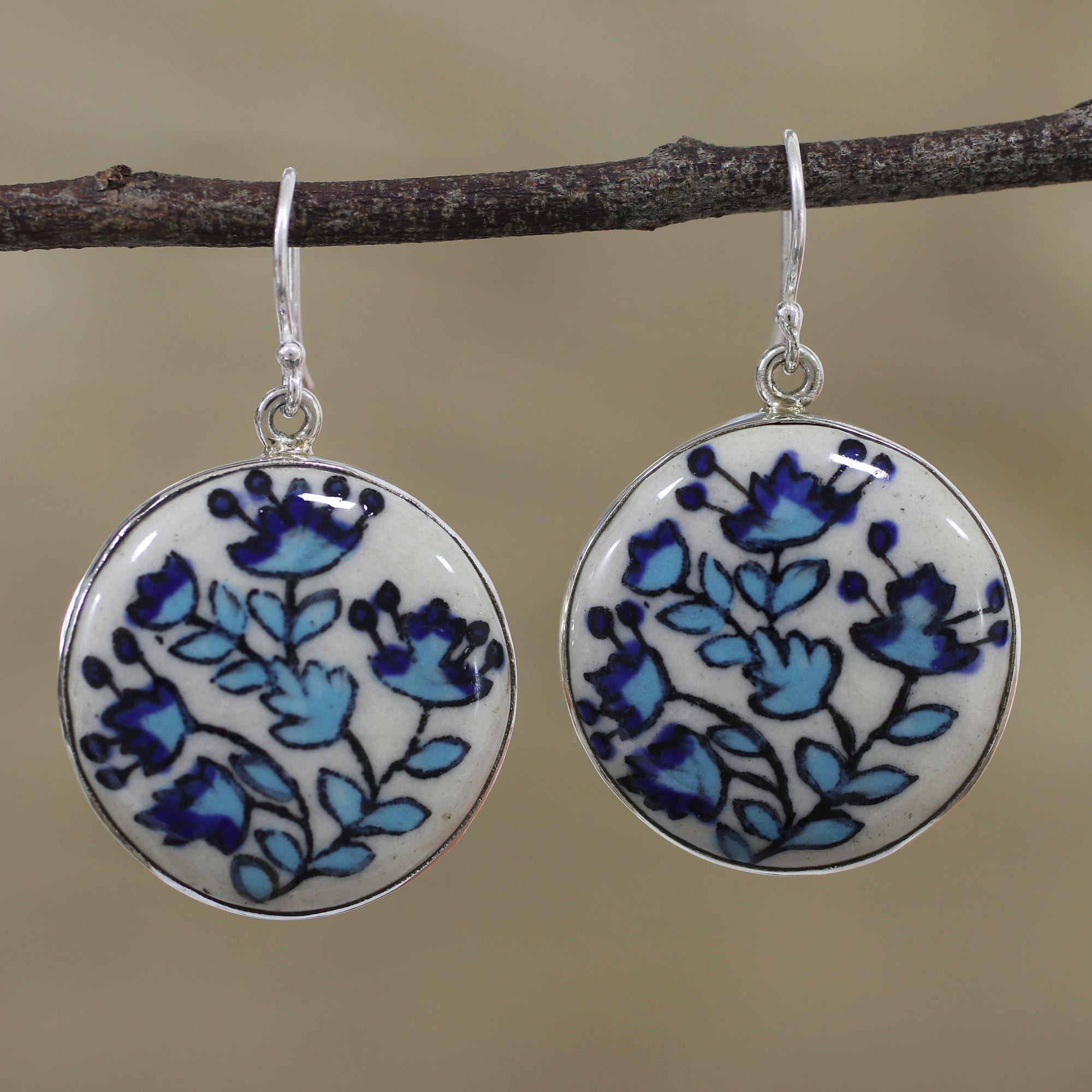 handmade jewellery Long floral earrings painted floral earrings white and blue earring polymer clay earring folk earrings