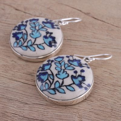 Ceramic dangle earrings, 'Blossom Dance' - Hand-Painted Floral Sterling Silver Earrings from India