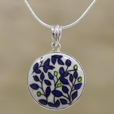 Collar colgante de cerámica - Collar con colgante floral pintado a mano de la India