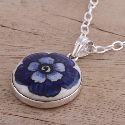 Ceramic pendant necklace, 'Glorious Bloom' - Floral Sterling Silver and Ceramic Necklace from India