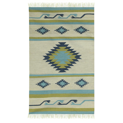 Geometric Motif Handwoven Wool Area Rug (3x5) from India