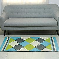 Wool area rug, 'Geometric Tessellations' (3x5) - Square Motif Handwoven Wool Area Rug (3x5) from India