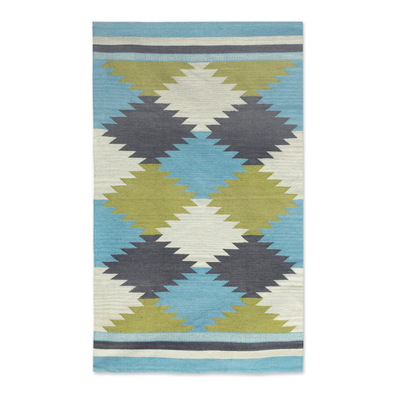 Wollflächenteppich, 'Geometrische Mosaiken' (3x5) - Handgewebter Wollteppich mit quadratischem Motiv (3x5) aus Indien