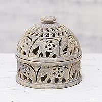 Soapstone decorative jar, 'Elephant Alliance' - Elephant-Themed Soapstone Decorative Jar from India