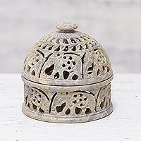 Soapstone decorative jar, 'Elephant Alliance' - Elephant-Themed Soapstone Decorative Jar from India