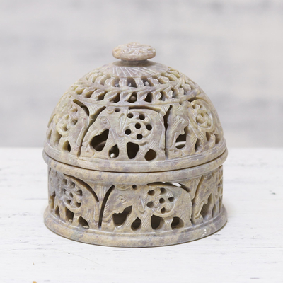 Soapstone decorative jar, 'Elephant Alliance' - Elephant-Themed Soapstone Decorative Jar from India