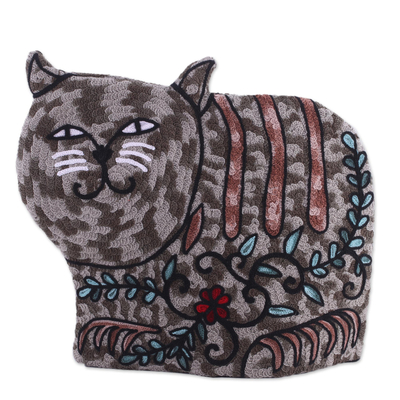 Cat-Shaped Aari Embroidered Wool Tea Cozy in Grey from India