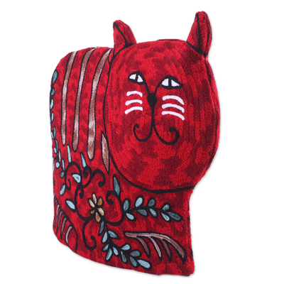 Té de lana acogedor - Acogedor de té de lana bordado Aari en forma de gato en rojo de la India