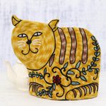 Wool tea cozy, 'Delightful Cat in Yellow' - Cat-Shaped Embroidered Wool Tea Cozy in Yellow from India