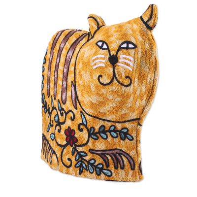 Cat-Shaped Embroidered Wool Tea Cozy in Yellow from India