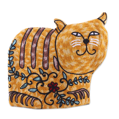 Té de lana acogedor - Cozy Tea de lana bordado en forma de gato en amarillo de la India