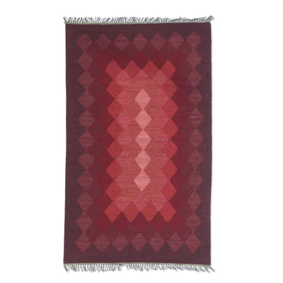 Wool dhurrie rug, 'Geometric Illusion in Red' - Geometric Design Wool Dhurrie Rug in Red and Wine Hues