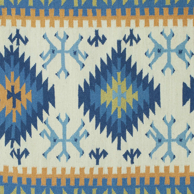 Teppich aus Wolle, 'Geometrische Muse'. - Handgewebter farbenfroher geometrischer Wollflächenteppich aus Indien