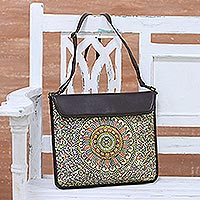 Leather tablet bag, 'Garden Allure' - Hand-Painted Floral Leather Tablet Bag from India