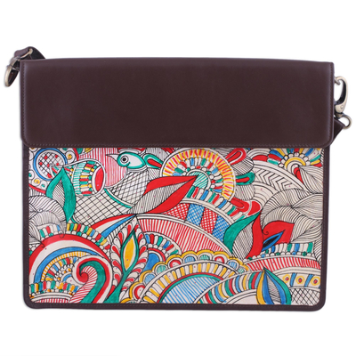 Leather tablet bag, 'Dreamy Charm' - Hand-Painted Adjustable Leather Tablet Bag from India