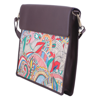 Leather tablet bag, 'Dreamy Charm' - Hand-Painted Adjustable Leather Tablet Bag from India