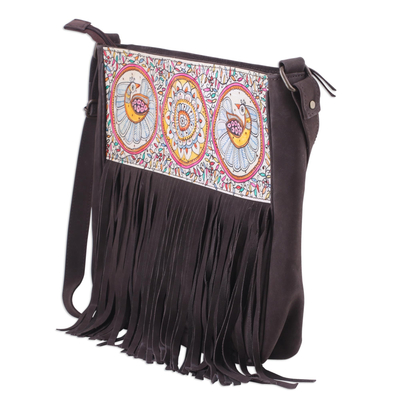 Leather sling, 'Avian Dance' - Handcrafted Floral and Bird Motif Leather Sling from India