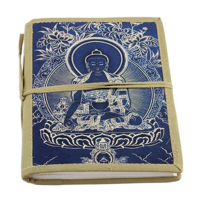 Cotton-bound journal, 'Buddha in Blue' - Unlined Handmade Paper Journal with Buddha Image