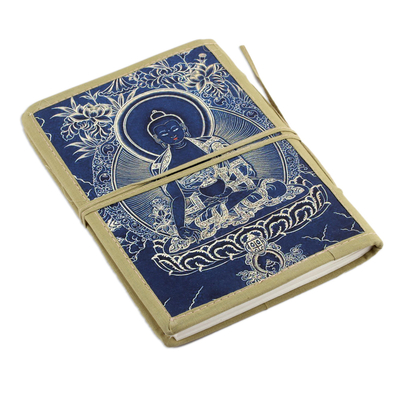 Cotton-bound journal, 'Buddha in Blue' - Unlined Handmade Paper Journal with Buddha Image