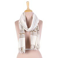 Wool blend scarf, 'Subtle' - Wool Blend Cream Subtle Brown and Grey Striped Scarf