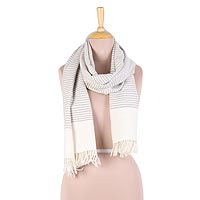 Wool blend scarf, 'Himalayan Stripes' - Hand Woven Ivory Wool Blend Striped Scarf from India
