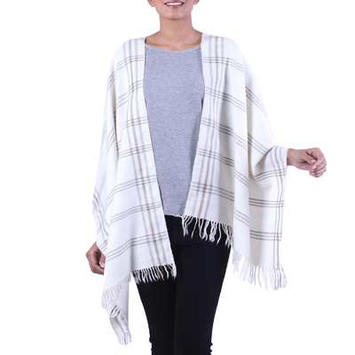 Wool blend shawl, 'Himalayan Beauty' - Hand Woven Ivory Wool Blend Striped Shawl from India