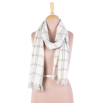 Wool blend scarf, 'Himalayan Journey' - Hand Woven Eggshell Wool Blend Checkered Scarf from India