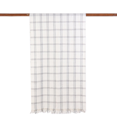 Wool blend scarf, 'Himalayan Journey' - Hand Woven Eggshell Wool Blend Checkered Scarf from India