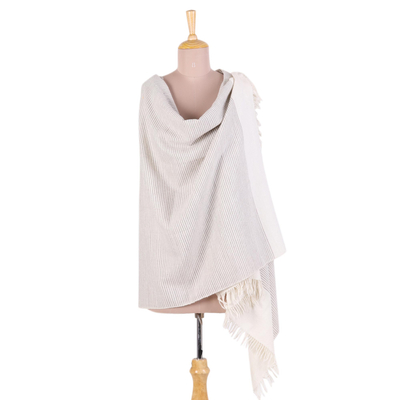 Wool blend shawl, 'Discreet Stripes' - Artisan Knitted Wool Blend Grey and Ivory Pin Stripe Shawl