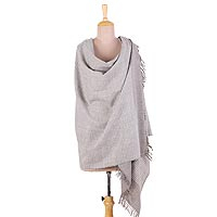 Wool blend shawl, 'Discreet Grey Stripes' - Wool Blend Grey and Ivory Knitted Pin Stripe Shawl