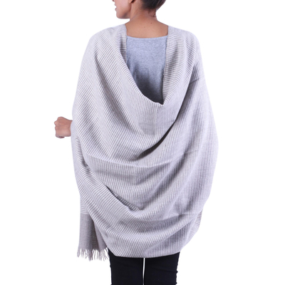 Wool blend shawl, 'Discreet Taupe Stripes' - India Wool Blend Taupe and Ivory Pin Stripe Knitted Shawl