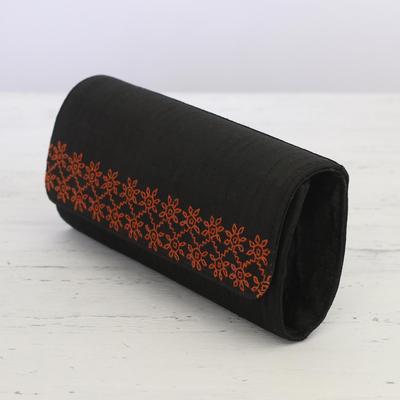 Embroidered clutch handbag, 'Exotic Onyx' - Onyx Black Clutch Handbag with Orange Embroidery