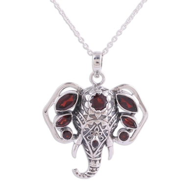 Garnet pendant necklace, 'Radiant Ganesha' - Garnet and Silver Ganesha Pendant Necklace from India