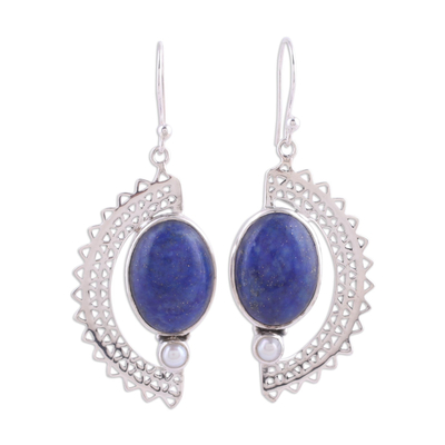 Lapis Lazuli and Pearl Crescent Dangle Earrings from India