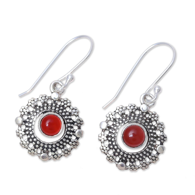 Carnelian dangle earrings, 'Bubbly Red Moons' - Carnelian and Silver Bubbly Dangle Earrings from India