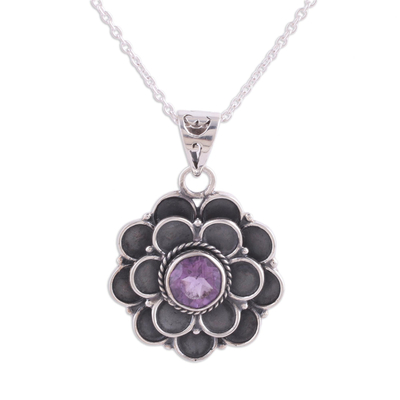 Amethyst pendant necklace, 'Purple Dahlia' - Floral Amethyst Pendant Necklace from India